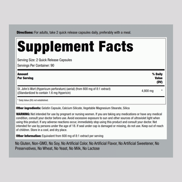 St. John's Wort 1.8% hypericin (Standardized Extract), 4800 mg (per serving), 180 Quick Release Capsules