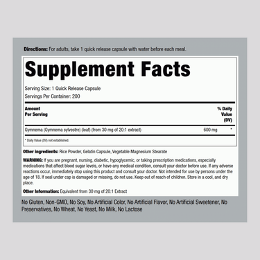 Supplement Facts for Gymnema Sylvestre 600 mg Capsules 200 count displayed.