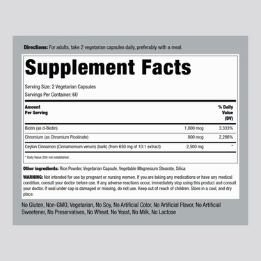 Super Ceylon Cinnamon Complex w/ Chromium & Biotin, 2500 mg (per serving), 120 Vegetarian Capsules