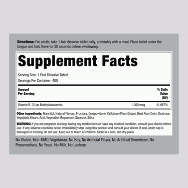 Methylcobalamin B-12 (Sublingual), 1000 mcg, 400 Fast Dissolve Tablets