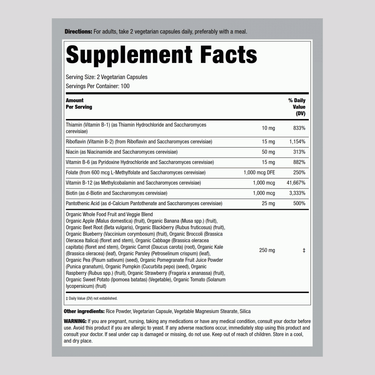 Supplement Facts panel for PIP Whole Food + B Complex 200 Veg Capsules is displayed showing ingredients and nutritional details.