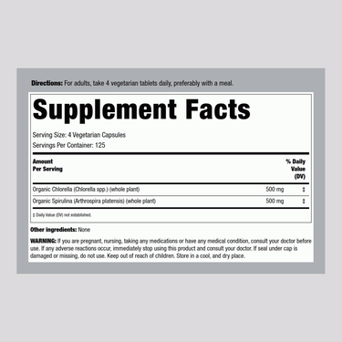 Image of Supplement Facts for PIP Organic Chlorella Spirulina 50/50 with 500 tablets detailed.