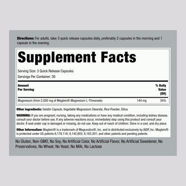 Magnesium L-Threonate  Magtein, 90 Quick Release Capsules