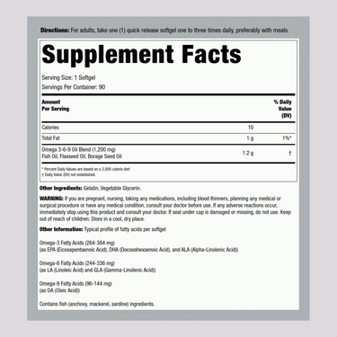 Supplement Facts panel for LN Omega 3-6-9, 90 softgels.