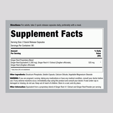 Ginger Root, 1500 mg (per serving), 180 Quick Release Capsules