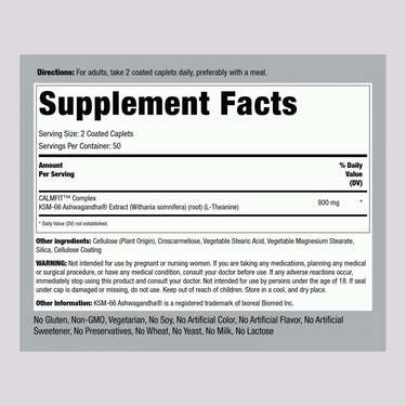 Image shows the Supplement Facts panel for Ashwagandha KSM-66 100 Coated Caplets.