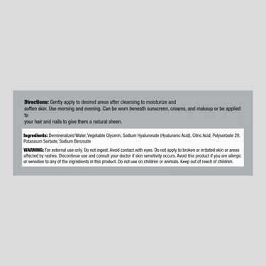 Image showing Supplement Facts panel for Hyaluronic Acid Serum, size 8 oz, detailing ingredients and nutritional information.