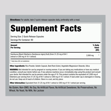 Supplement Facts panel showing details for Elderberry 2000 mg Capsules with 180 servings.