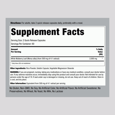 White Mulberry Leaf Extract, 2000 mg (per serving), 120 Quick Release Capsules