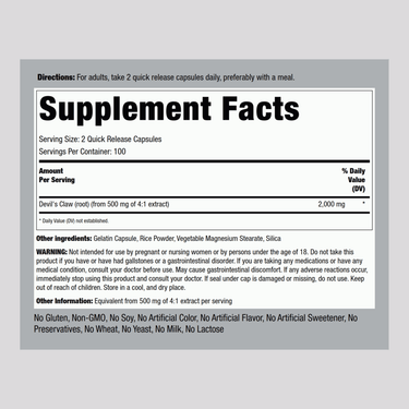 Devils Claw, 2000 mg (per serving), 200 Quick Release Capsules