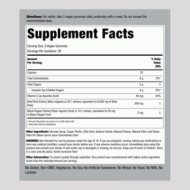Image showing the Supplement Facts for Beet Root 60 Gummies, detailing ingredients and nutritional information.