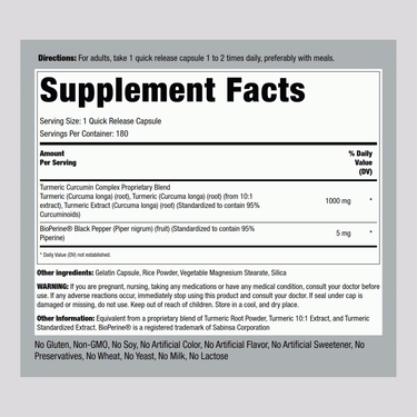 Supplement Facts panel detailing contents of Turmeric Complex 1000 mg Capsules, 180 count.