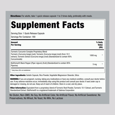Standardized Turmeric Curcumin Complex w/ Black Pepper, 1000 mg, 180 Quick Release Capsules
