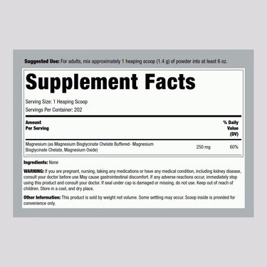Magnesium Glycinate Powder, 250 mg (per serving), 10 oz (283 g) Bottle