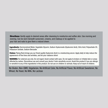 Image of the Supplement Facts panel for Hyaluronic Acid Serum, 1 OZ, detailing ingredients and nutritional information.