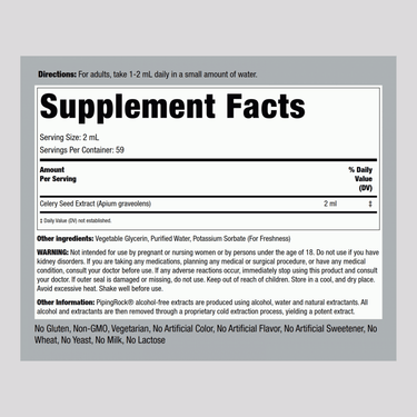 Image of Celery Seed Liquid Extract Supplement Facts panel, size 4 fl oz (118 mL).