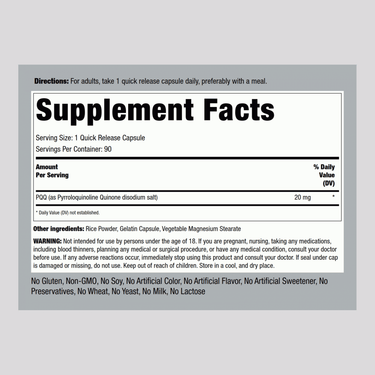 PQQ Pyrroloquinoline Quinone, 20 mg, 90 Quick Release Capsules