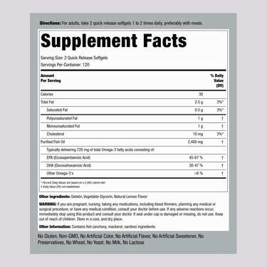 Supplement Facts for Fish Oil 1200 mg Lemon Softgels, 240 count bottle.