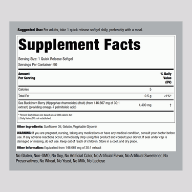 Sea Buckthorn Oil with Omega-7, 4400 mg, 90 Quick Release Softgels