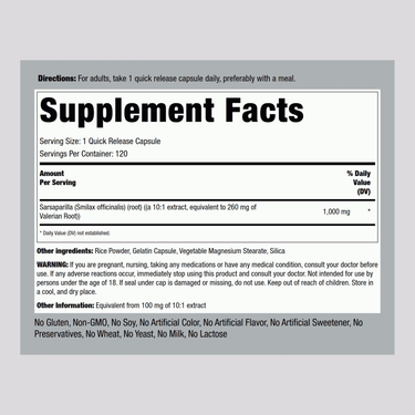 Sarsaparilla Root, 1000 mg, 120 Quick Release Capsules