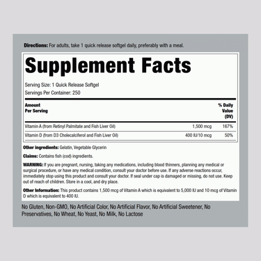 Supplement Facts for A & D3 Softgels, A-5000 IU, D-400 IU, 250 count.