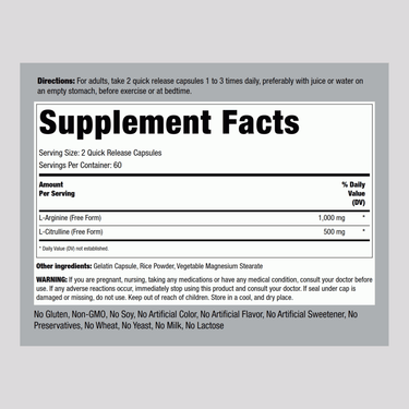 L-Arginine 1000 mg  & Citrulline 500 mg, 1000/500 mg, 120 Quick Release Capsules