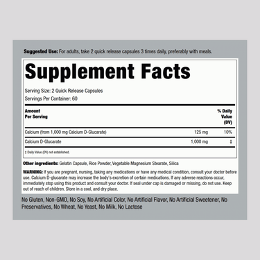 Calcium D-Glucarate, 1000 mg (per serving), 120 Quick Release Capsules