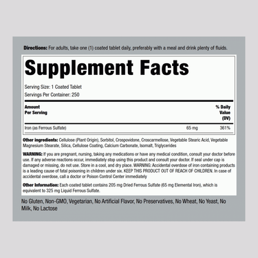 Iron Ferrous Sulfate, 65 mg, 250 Coated Tablets