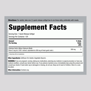 Supplement Facts panel for Odorless Garlic 500 mg, 120 softgels.