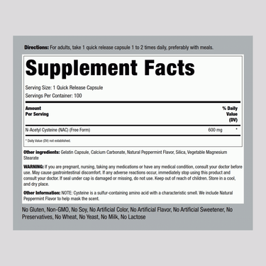 N-Acetyl Cysteine (NAC), 600 mg, 100 Quick Release Capsules