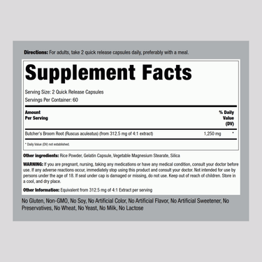 Supplement Facts panel for Butchers Broom 1250mg Capsules, 120-count.