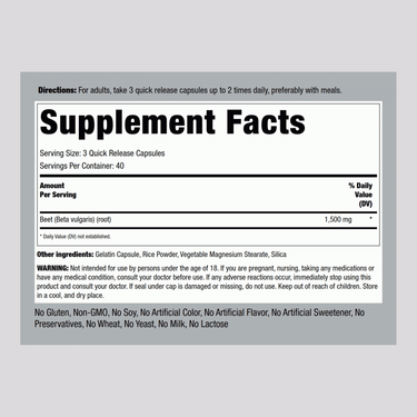 Supplement Facts panel displays information for Beet Root 1500 mg Capsule with a count of 120 pieces.