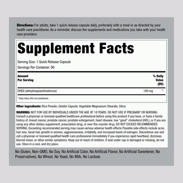 Image showing the Supplement Facts panel for DHEA 100 mg capsules, containing 90 capsules per bottle.
