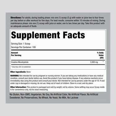 Supplement Facts label detailing contents of 500g Creatine Powder.