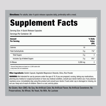 Supplement Facts panel displaying details for D-Ribose 1600 mg Capsules, with a total of 120 capsules in the bottle.