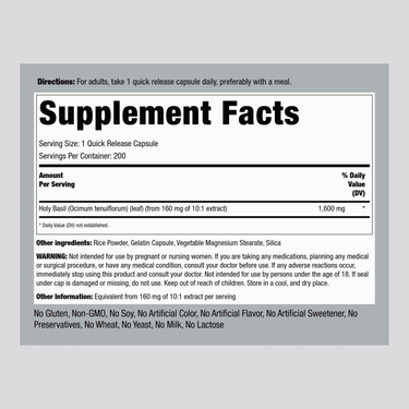 Image of the Supplement Facts panel for 1600 mg Holy Basil Tulsi capsules, showing details for 200 capsules.