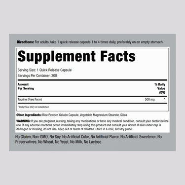 Image of Taurine 500 mg supplement facts for 200 capsules.