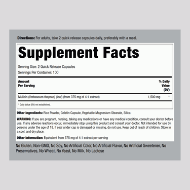 Mullein Leaf (Gordolobo), 1500 mg (per serving), 200 Quick Release Capsules