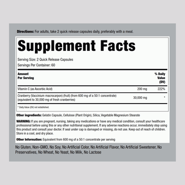 Ultra Triple Strength Cranberry Plus C, 30,000 mg (per serving), 120 Quick Release Capsules