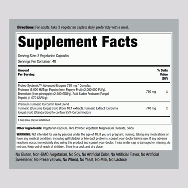 Supplement Facts panel for Proteolytic Enzymes 120 Capsules displayed.