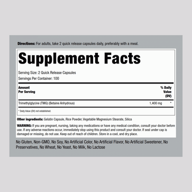 TMG (Trimethylglycine), 1400 mg (per serving), 200 Quick Release Capsu TMG (Trimethylglycine), 1400 mg (per serving), 200 Quick Release Capsu
