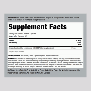 Supplement Facts panel displaying details for Serrapeptase 120,000 IU, 120 capsules.