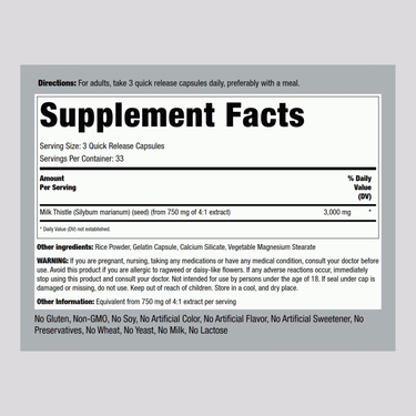 Milk Thistle Seed Extract, 3000 mg (per serving), 100 Quick Release Capsules