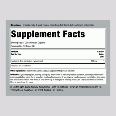 Hyaluronic Acid, 100 mg, 60 Quick Release Capsules
