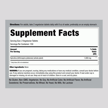 Supplement Facts for Organic Spirulina 1000 mg Tablets, 300 count.