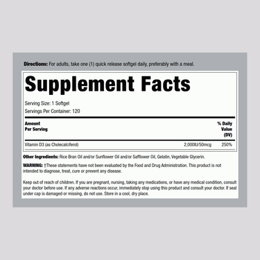 Supplement Facts label for Vitamin D3 2000 IU with 120 softgels in the bottle.