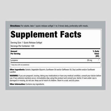 Supplement Facts label for Lycopene 20 mg Softgels, 120 count.