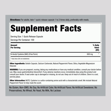 Image shows Supplement Facts for N-Acetyl Cysteine 600 mg, 100 capsules.