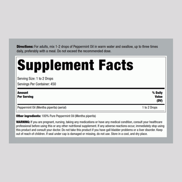 Supplement Facts for Peppermint Oil Edible Liquid 15 mL bottle.