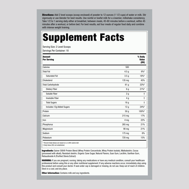 Nutrition facts label for FL Gainer 500 Chocolate 5 lbs.